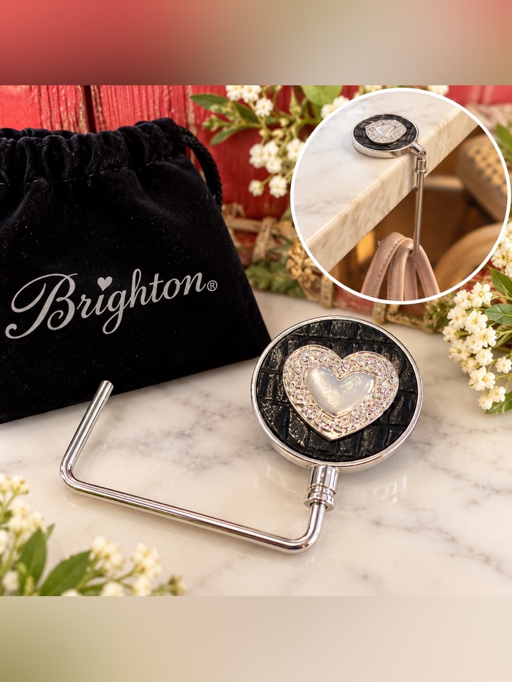 Brighton Black and Silver Heart Crystal Bag Hook